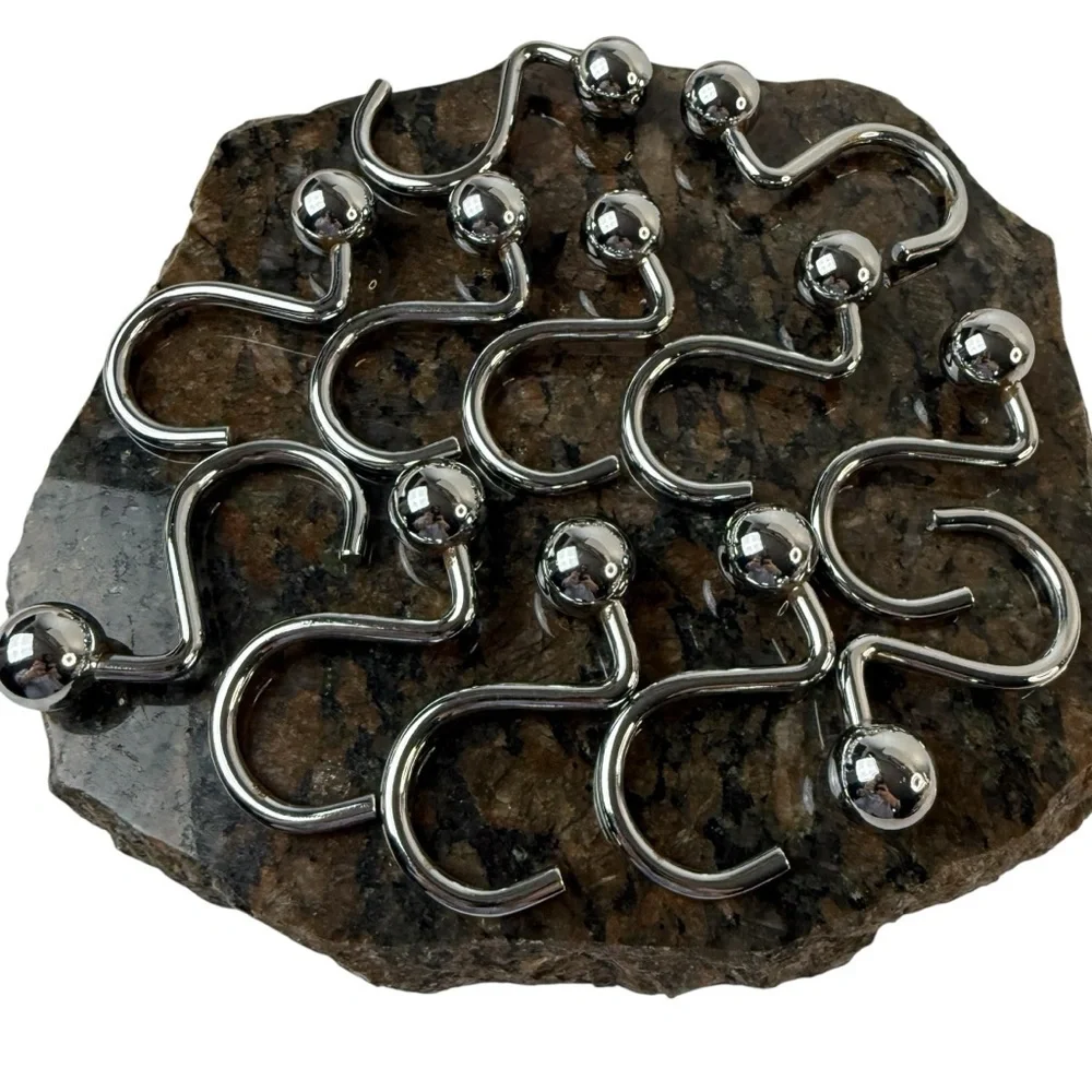 Vintage SET of 12 Shower Curtain Hooks Silver Metal Farmhouse Shabby Cottagecore